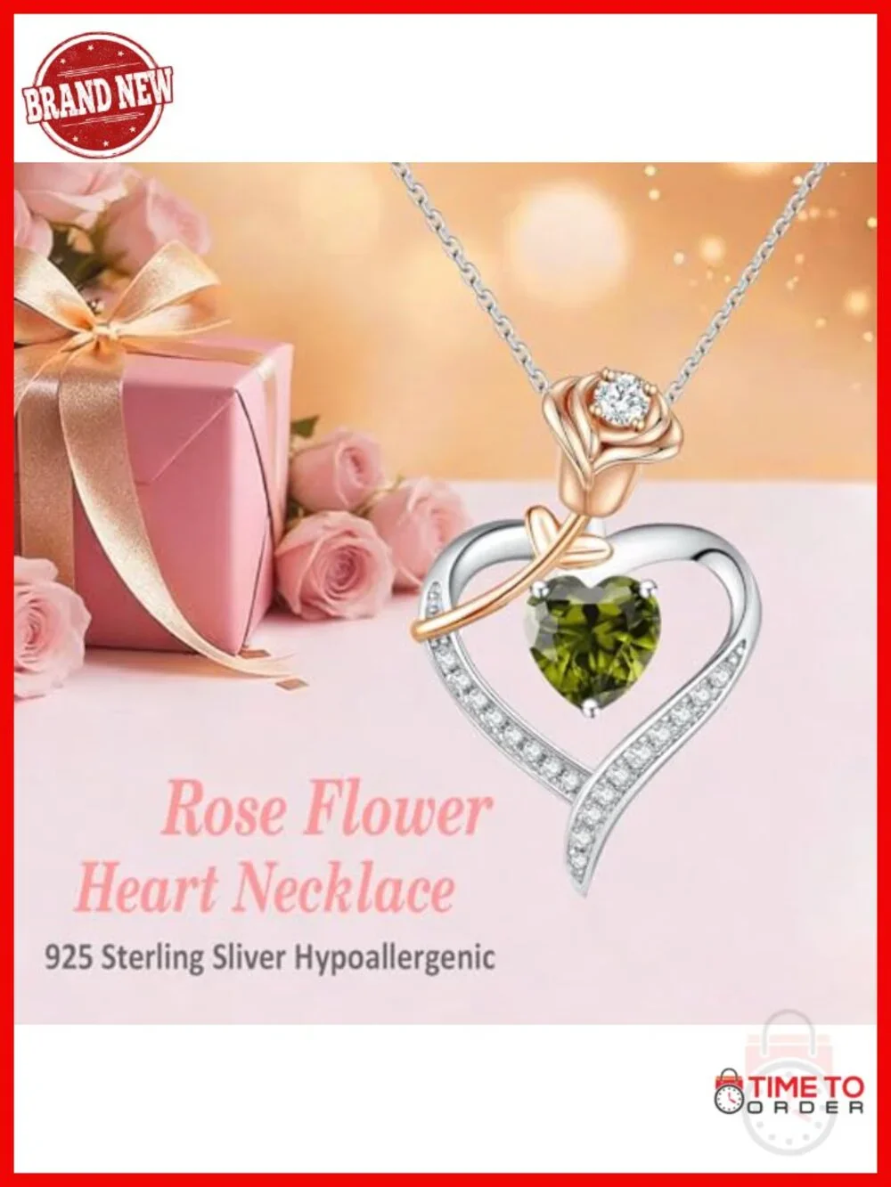 Sterling Silver White Gold Plated Heart Birthstone Pendant Necklace
